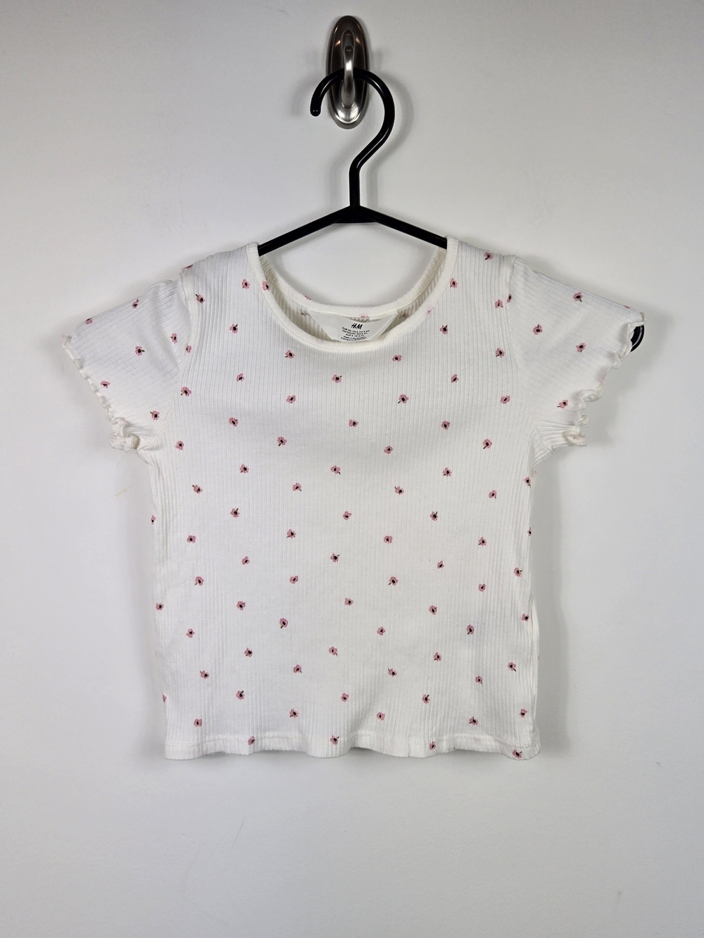 H&M Girls Ribbed Floral Tee White Pink Ditsy Print Stretch Top Size 5-6Y